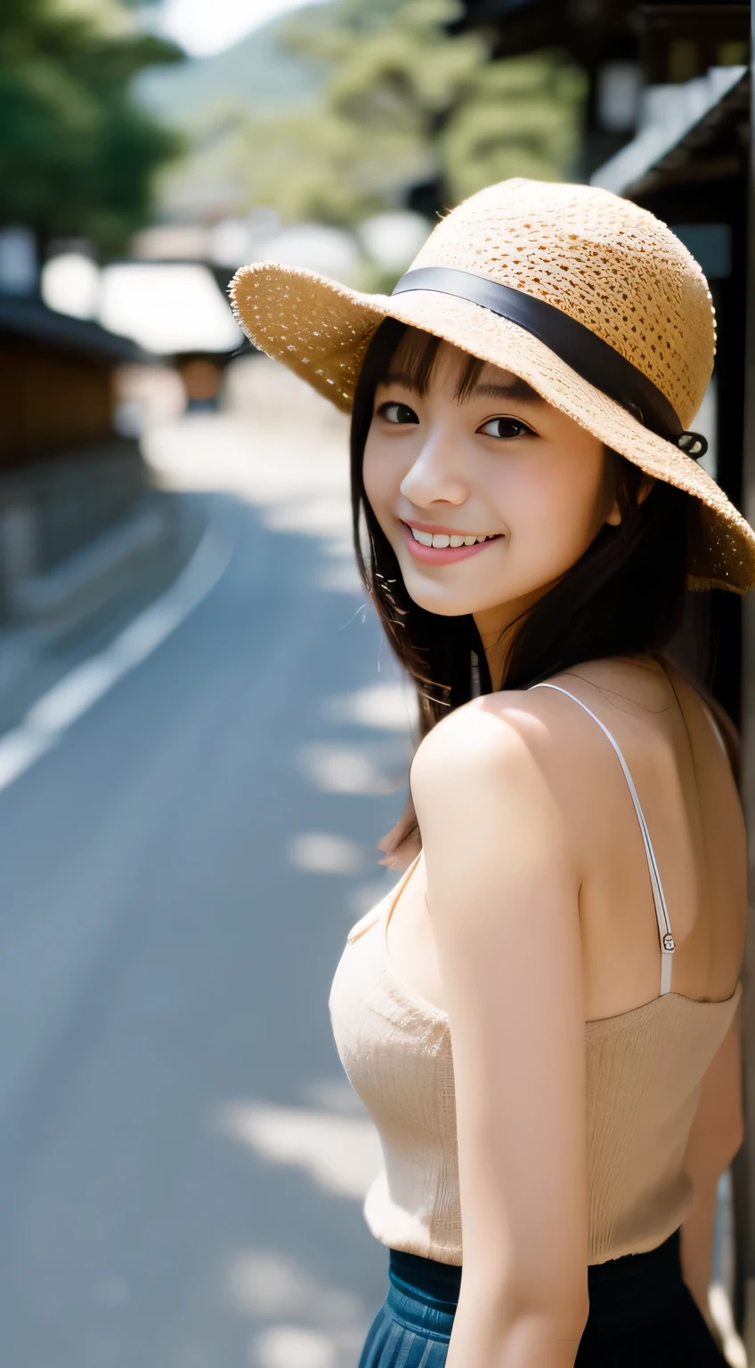 masterpiece,best quality,(Japanese ),((Beautiful girl)),cleavage,(perfect body beauty:1.2),(shy smile),beautiful teeth,(bright colored hat),(Shibuya scramble crossing),