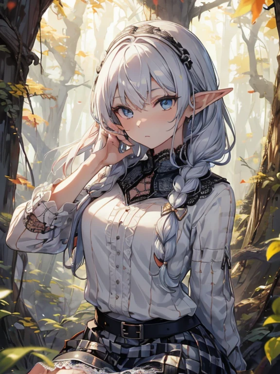 masterpiece, Highest品質, Very detailed, 16K, Ultra-high resolution、Cowboy Shot, 1 Elf girl, Detailed face、Perfect Fingers, Elf Ears, Small breasts, blue eyes, Silver Hair, Braiding, White blouse, sweater, Highest, (Checkered lace skirt:1.4), in the forest, On the tree, Perched on a branch