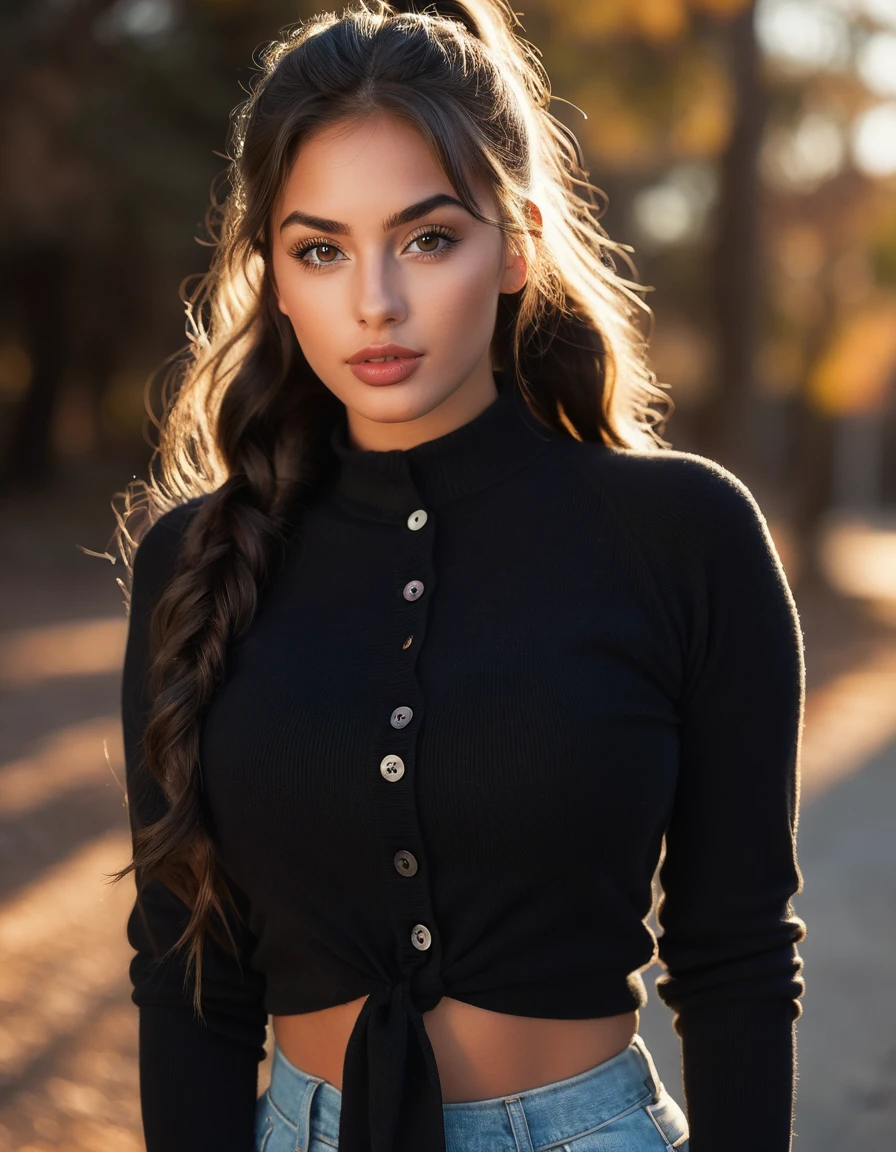 (best quality,4k,highres, highres face details), black long wavy hair, tied up in a ponytail, wearing a black button up sweater, 18 years old, instagram model, 36DD breast, pretty face, dark makeup, fake lashes, natural lips, dark skin, she is skinny, athletic body, she is caucasian, golden hour, huge breast 36DD, posing, sexy, sensual vibes, whole body image, from head to toes