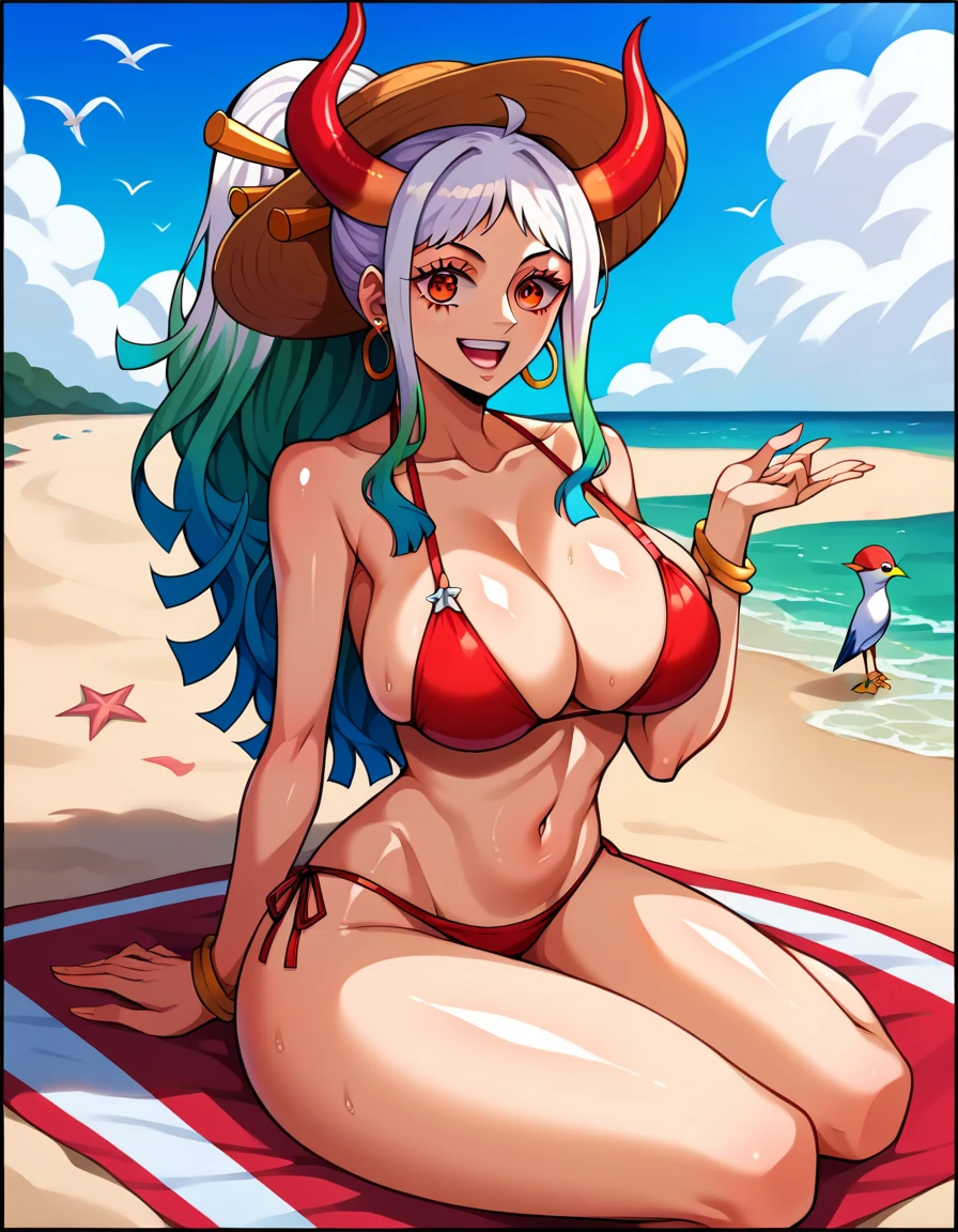 score_9,score_8_up,score_7_up,score_6_up, yamato \(one piece\), 1girl, solo, multicolored hair, jewelry, earrings, hair ornament, curled horns, long hair, oni, smile, rope, breasts, hair stick, blur background, open mouth, hoop earrings, bare shoulders, simple background, ponytail, masterpiece, best quality, highres, extremely detailed face, highly detailed eyelash, highly detailed eyes, sharp details, high contrast, (shiny skin:1.2), beautiful fingers, elegant, elegant face, sexy body, large breasts, perfect round breast, beach umbrella, bikini, bird, black border, breasts, cloud, day, dove, hat, letterboxed, looking at viewer, navel, ocean,official alternate costume, outdoors, pillarboxed, sand, seagull, sitting, sky, smile, solo, starfish, sun hat, swimsuit, blur background, water, watercraft, wet, white,