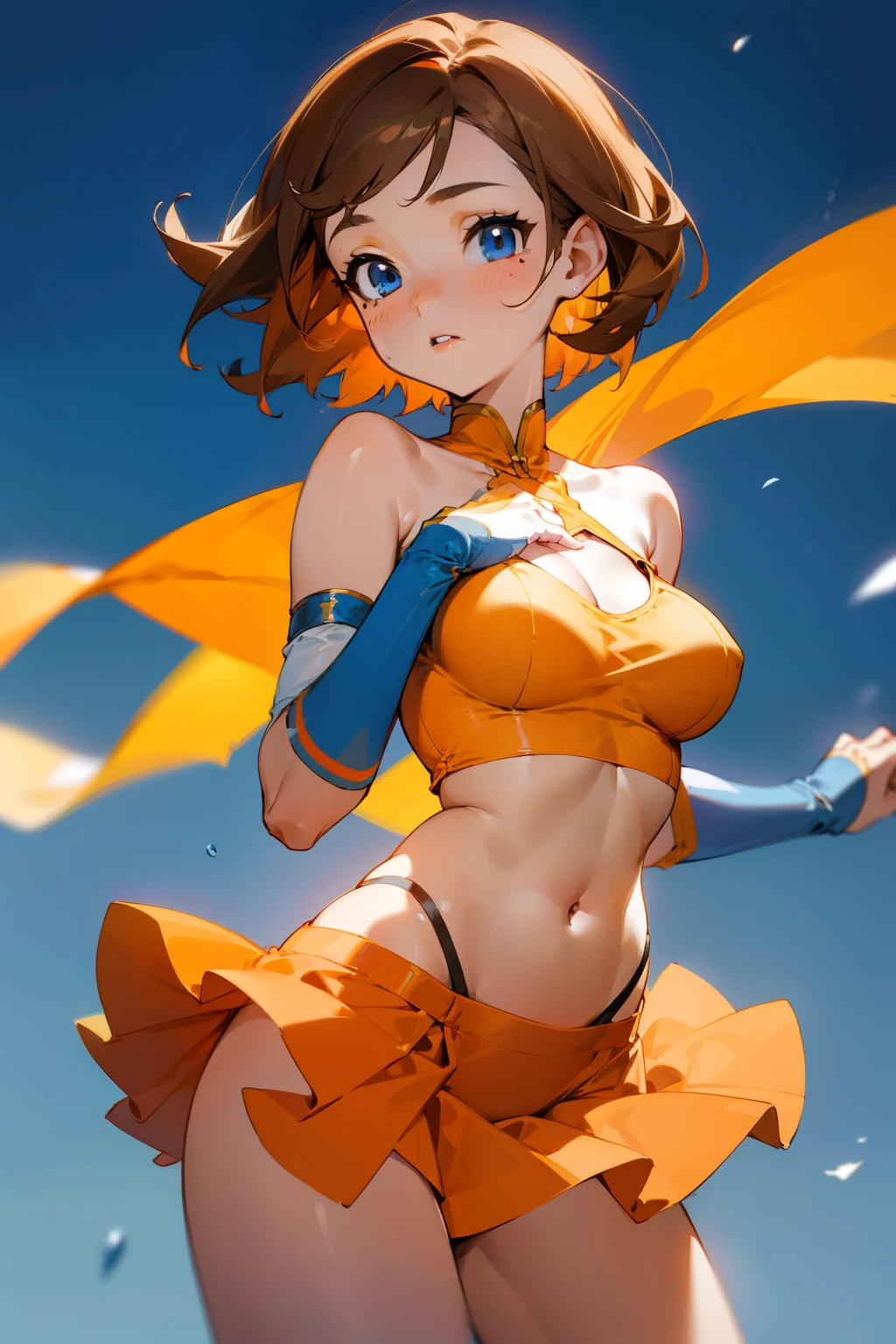 Cute girl, short light brown hair, blue eyes, mole, orange ballet clothes, big breasts, round breasts, exposed chest tops, bare shoulders, exposed stomach, short orange skirt, 