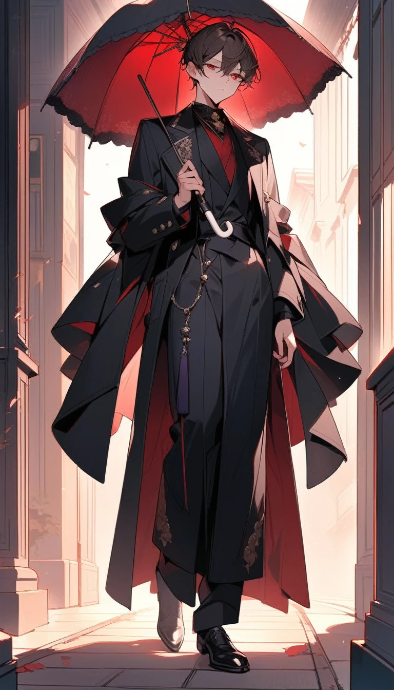 masterpiece,The best quality at its best、Lightless Eyes、Lightweight black coat、Leather shoes、Brown Hair、Holding an umbrella、Red eyes、Eyes are thin、whole body、Standing posture