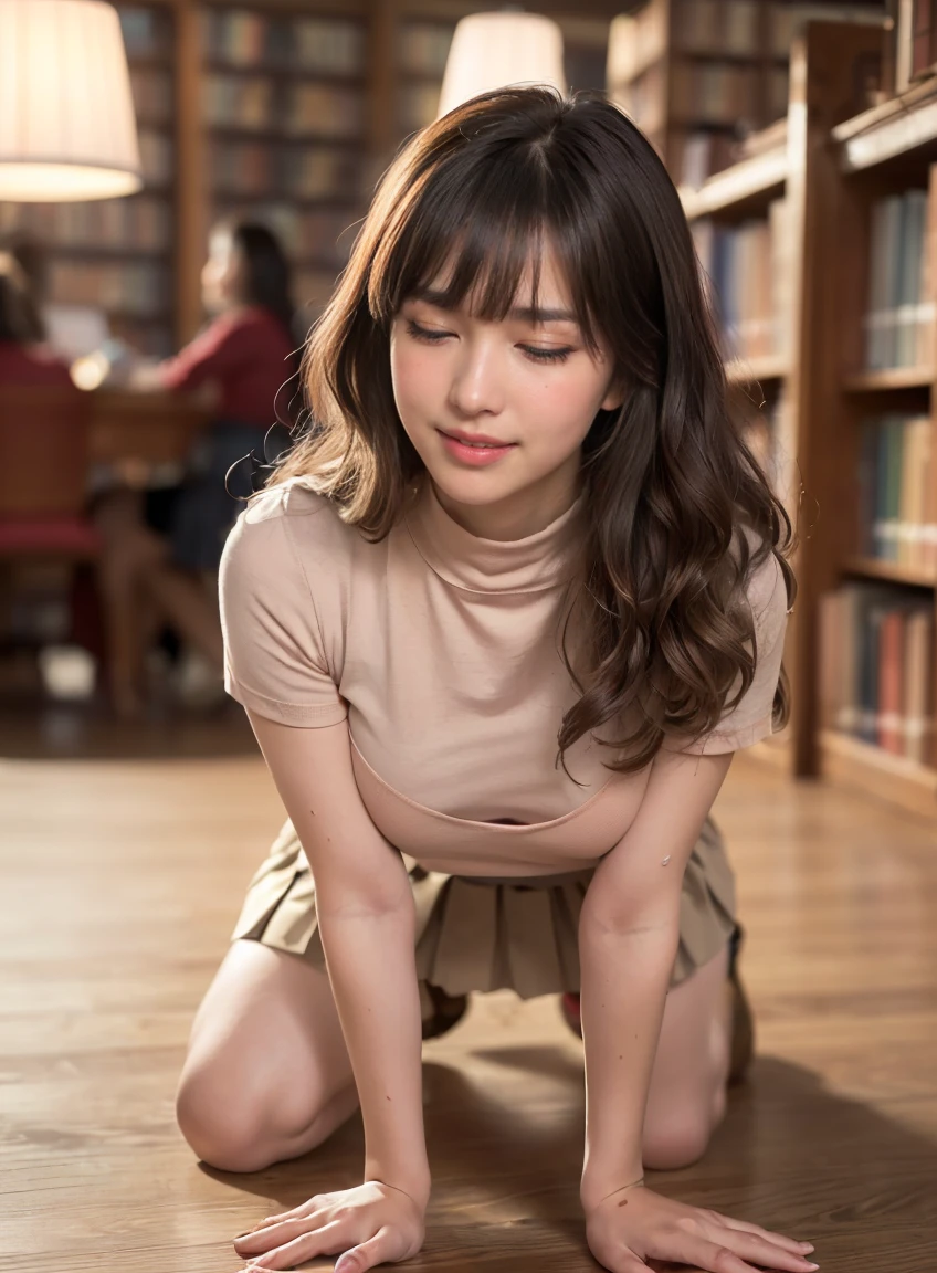 (((neat woman, (blush:1.5), (embarrassment:1.4), (impatience:1.3), (flustered:1.2), (fidgeting around:1.5), flowing sweat, (erotic waist twist:1.3), (panting), (breathless:1.4), (Erotic feelings), (close eyes, closed mouth:1.9,closed mouth:1.9,smile, all fours,all fours,blush:1.8,deep cheek:1.8))),please touch me,eat me,tempting viewer,i want you))),(((blush,blush,deep cheek,deep cheek)))),(cinematic lighting), (Photo real:1.4)、(A hyper-realistic:1.4)、(Photorealistic:1.3)、 (gentle lighting: 1.05)、(Improve the lighting quality of your video:0.9)、 32k、25years old woman、photorealistic lighting、Back lighting、Facial Lights、Ray Trace、(bright:1.2)、(Increase quality:1.4)、 (best quality real texture skin)、Fair eyes,delicate face、 Close-up of the face,  ((((Wearing the tight red cotton t-shirts,high-neck,pleated beige skirt,high-heel:1.4))),(Bodyline mood improvement:1.1)、Glossy skin、good figure,perfect anatomy,Beautiful actress,(((beautiful huge soft breasts:1.8,huge breasts,slender waist,slender hip,long slender legs,8heads tall))),(((8heads tall))),(((brown wavy midium hair,bangs))),(((sweat skin,shiny skin,in the beautiful library,super clean night view,in the night))),