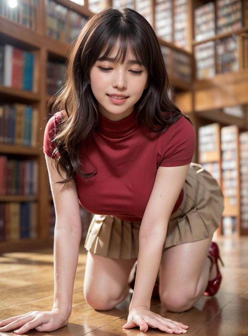 (((neat woman, (blush:1.5), (embarrassment:1.4), (impatience:1.3), (flustered:1.2), (fidgeting around:1.5), flowing sweat, (erotic waist twist:1.3), (panting), (breathless:1.4), (Erotic feelings), (close eyes, closed mouth:1.9,closed mouth:1.9,smile, all fours,all fours,blush:1.8,deep cheek:1.8))),please touch me,eat me,tempting viewer,i want you))),(((blush,blush,deep cheek,deep cheek)))),(cinematic lighting), (Photo real:1.4)、(A hyper-realistic:1.4)、(Photorealistic:1.3)、 (gentle lighting: 1.05)、(Improve the lighting quality of your video:0.9)、 32k、25years old woman、photorealistic lighting、Back lighting、Facial Lights、Ray Trace、(bright:1.2)、(Increase quality:1.4)、 (best quality real texture skin)、Fair eyes,delicate face、 Close-up of the face,  ((((Wearing the tight red cotton t-shirts,high-neck,pleated beige skirt,high-heel:1.4))),(Bodyline mood improvement:1.1)、Glossy skin、good figure,perfect anatomy,Beautiful actress,(((beautiful huge soft breasts:1.8,huge breasts,slender waist,slender hip,long slender legs,8heads tall))),(((8heads tall))),(((brown wavy midium hair,bangs))),(((sweat skin,shiny skin,in the beautiful library,super clean night view,in the night))),