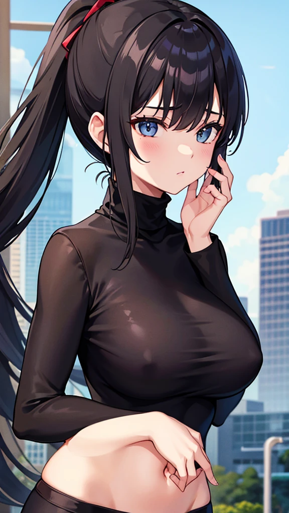 She was wearing a black turtleneck、Talking to a man。