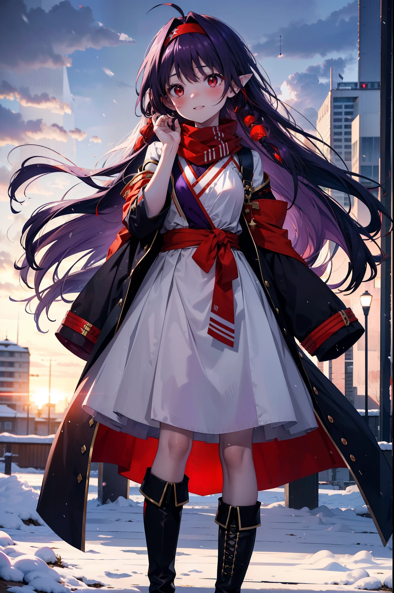 yuukikonno, Yuki Konno, hair band, Long Hair, Pointed Ears, Purple Hair,Ahoge, (Red eyes:1.5), (Small breasts:1.2),blush, smile,Open your mouth,white breath,Red Scarf,Purple long coat,sweater,Long skirt,Black Pantyhose,short boots,Snow is piling up,it's snowing,whole bodyがイラスト入るように,Walking,evening,sunset,
break outdoors, construction area,
break looking at viewer, whole body,
break (masterpiece:1.2), Highest quality, High resolution, unity 8k wallpaper, (shape:0.8), (Beautiful attention to detail:1.6), Highly detailed face, Perfect lighting, Extremely detailed CG, (Perfect hands, Perfect Anatomy),