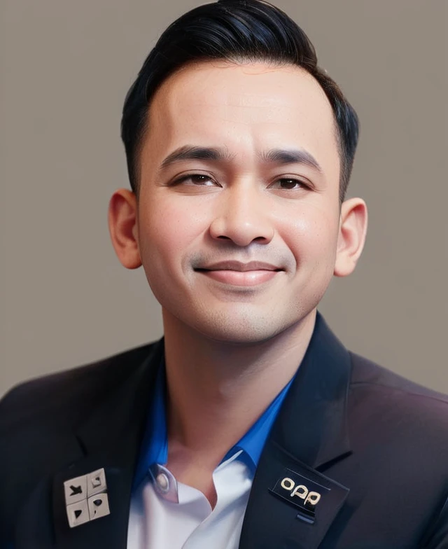 Create a 3D animation of a big-headed cartoon caricature. a 30 year old Indonesian man with short, slightly wavy black hair brushed back, round head facing forward, oval face with a strong jawline, thick straight eyebrows, almond-shaped brown eyes, a straight nose with a slightly rounded tip, symmetrical lips, and a slight friendly smile, wearing a solid blue shirt. Gradient blue background with professional lighting. masterpiece, top quality, highly detailed skin and face, ultra-realistic, high definition, studio lighting, sharp focus, full body view, Concept Art, 3D rendering.