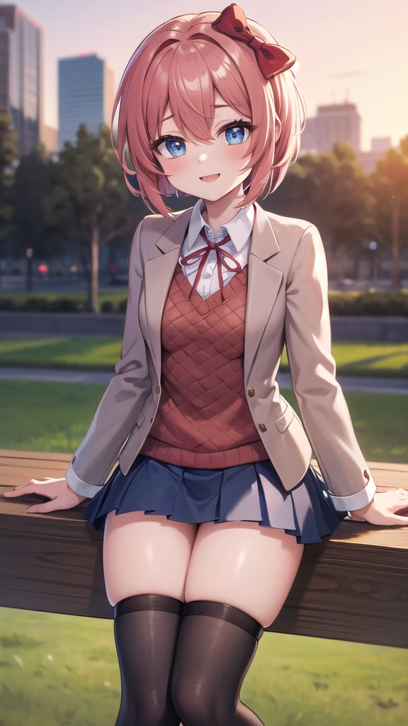 Masterpiece, perfect lighting, (beautiful, Best quality: 1.3), ddlcsayori, ddlcsayori, Perfect eyes, absurd, 8k, 1 girl, alone, (absurds), finely detailed, perfect hands, perfect anatomy, very large, smiling, in love , looking at viewer, posing coquettishly, slightly exposed thighs, wide open eyes, blue, hair between eyes, hair bow, hair ornament, pink hair, red bow, short hair, (small chest: 1.2), stockings white, blue skirt, pleated skirt, skirt, brown jacket, jacket, sitting in the park at sunset in Monterrey