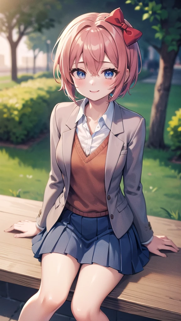 Masterpiece, perfect lighting, (beautiful, Best quality: 1.3), ddlcsayori, ddlcsayori, Perfect eyes, absurd, 8k, 1 girl, alone, (absurds), finely detailed, perfect hands, perfect anatomy, very large, smiling, in love , looking at viewer, posing coquettishly, slightly exposed thighs, wide open eyes, blue, hair between eyes, hair bow, hair ornament, pink hair, red bow, short hair, (small chest: 1.2), stockings white, blue skirt, pleated skirt, skirt, brown jacket, jacket, sitting in the park at sunset in Monterrey