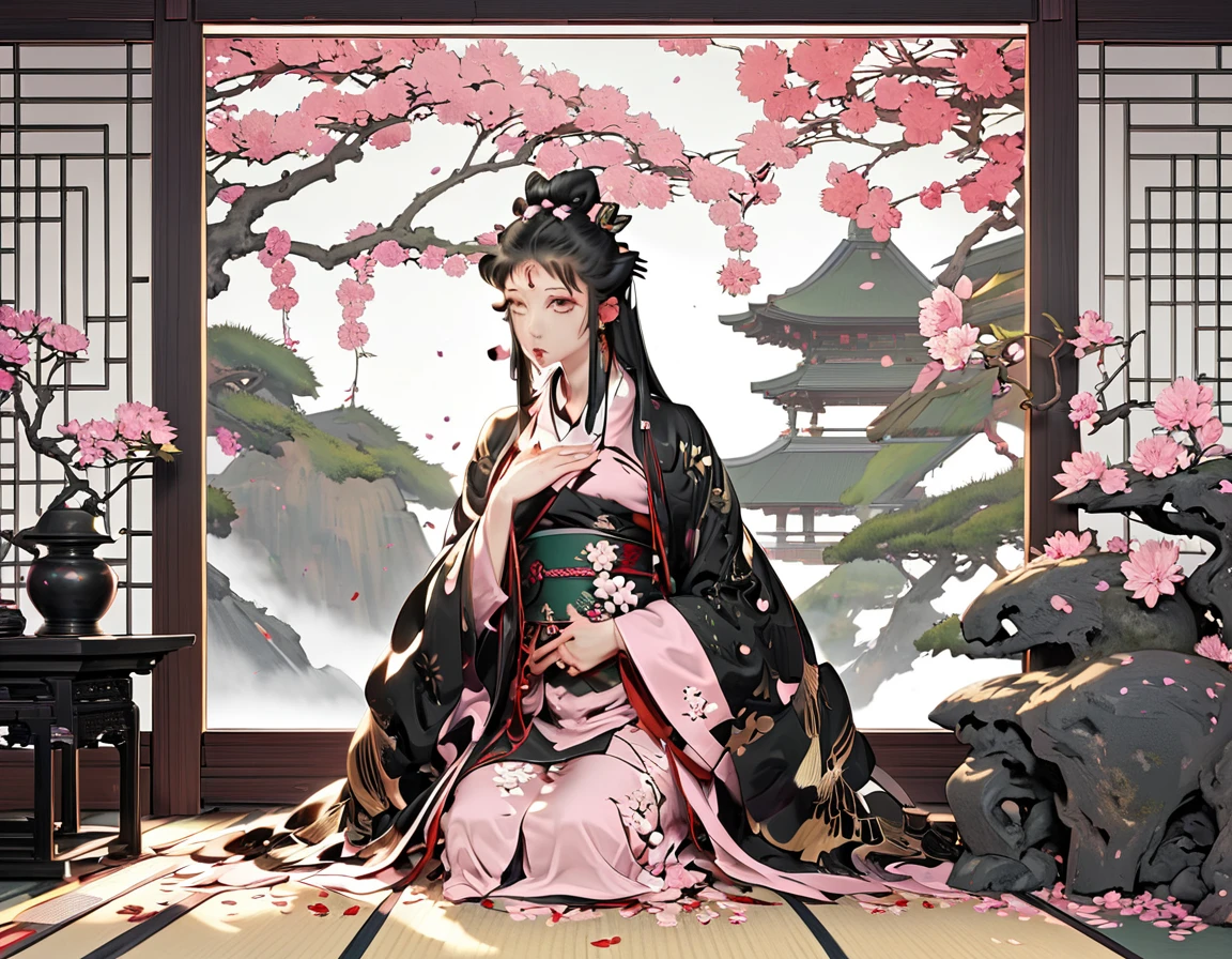 A woman in a kimono sitting on the floor、Twelve-layered kimono,Diagonally from the side,The dress is pale pink.、The collar is layered in the same color.、Long, straight, glossy black hair with no accessories that reaches down to her waist、Fold your hands on your stomach、palace、Heian picture scroll style、Beautiful artwork、sakura petals around her、8k、Flowing cherry-pink silk