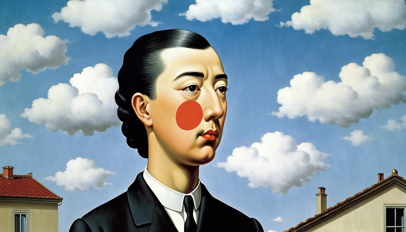 rene magritte，Weird misplaced art：肖像拼贴paintingpainting，White clouds on face，house，Geometric Dislocation，拼贴painting，Artistic sense，，painting，simple，