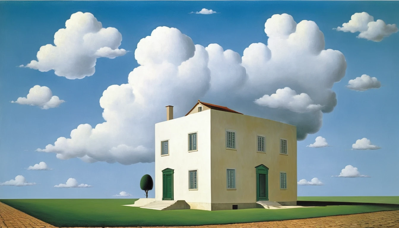 rene magritte,Weird misplaced art:肖像拼贴paintingpainting,White clouds on face,house,Geometric Dislocation,拼贴painting,Artistic sense,,painting,simple,