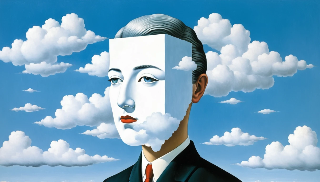 rene magritte，Weird misplaced art：肖像拼贴paintingpainting，White clouds on face，house，Geometric Dislocation，拼贴painting，Artistic sense，，painting，simple，