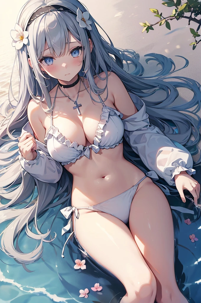 ((girl kawaii)), (a extremely delicate and beautiful girl), beautifully painted, cute, ((sense of digital)), (best detailed girl), lying on the lake, wet, girl, young, long hair blown up, Hair with flower, (grey hair), cute face, embarrassed, complex details beautiful and delicate eyes, closed mouth, (large breasts), thighs, pale blue eyes, white skin, Frill, hairband, cross necklace, Bracelet, (white bikini), cardigan, white Clothes, (beach), (dusk sky), back lighting, (((wallpaper 8k CG))), ((absurdres)), masterpiece,