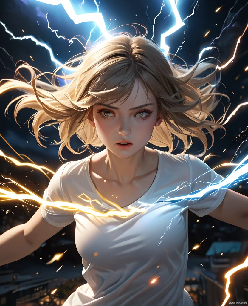 1girl,night sky,floating girl,arms spread,running lightning bolts,looking down eyes,white aura emanating from body,(best quality,4k,8k,highres,masterpiece:1.2),ultra-detailed,(realistic,photorealistic,photo-realistic:1.37),cinematic,dramatic lighting,ethereal,mystical,fantasy,vibrant colors