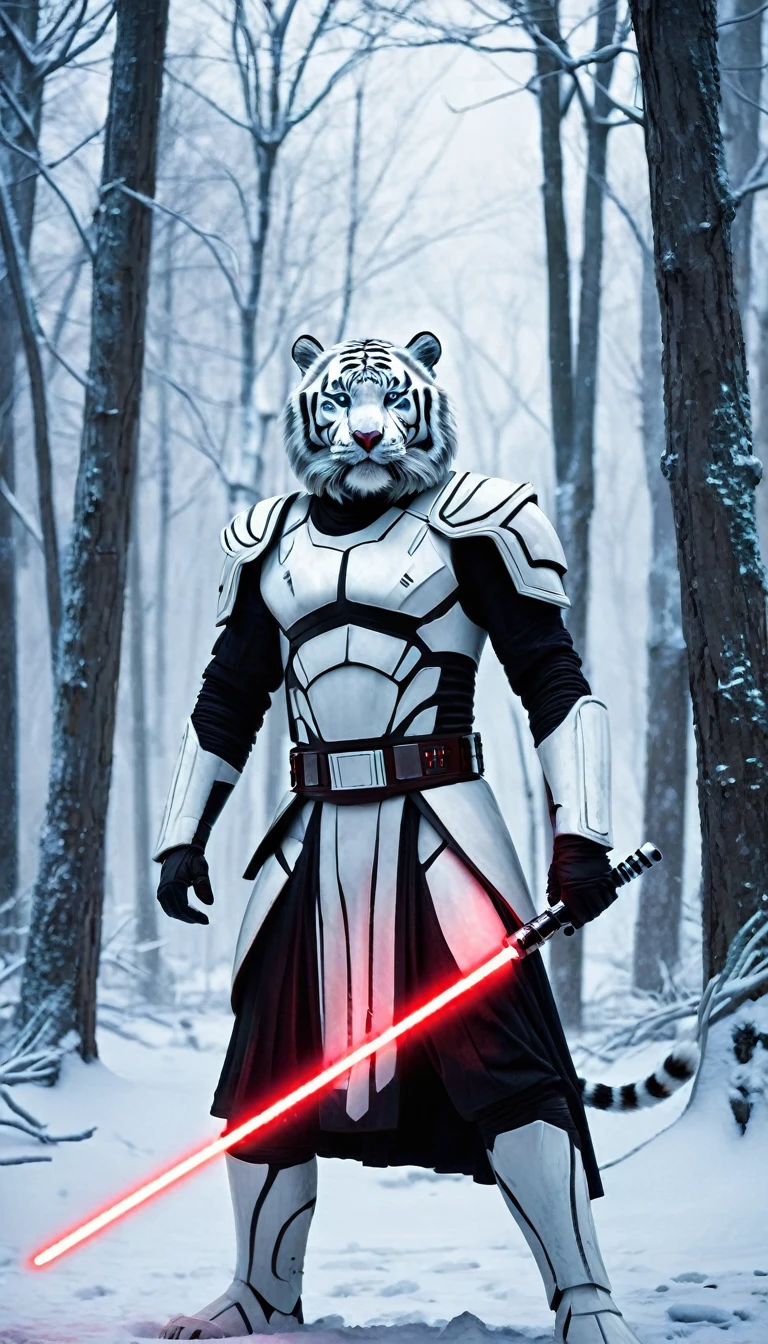 A breathtakingly photorealistic portrait of a white tiger humanoid Sith Lord, standing tall and poised in the heart of a snowy tundra forest. His fur, a stark contrast against the frosty backdrop, is meticulously detailed with each strand standing out under the dramatic lighting, which casts deep shadows and highlights the powerful musculature beneath. The Sith Lord's piercing eyes, an icy blue that mirrors the chilling surroundings, are the focal point of the composition, filled with a fierce determination that seems to pierce through the very fabric of the scene. In his hand, he wields a red lightsaber, its blade a fiery beacon against the monochrome landscape, reflecting a fiery intensity that matches his fierce gaze. The intricate armor he wears is a masterpiece of dark, sleek metal, adorned with tiger motifs and interwoven with glowing crimson accents that pulse in sync with the lightsaber's power. The armor's design is a harmonious blend of futuristic technology and organic tiger-inspired elements, creating an aura of otherworldly might. The snow-covered trees and frozen underbrush frame the figure, their branches twisted into an eerie tapestry that seems almost alive with the force of the scene. The mood is set by a hyper-realistic color palette that leans heavily into the blues and whites of the cold environment, while the red of the lightsaber and the Sith Lord's eyes pop vividly, drawing the viewer's attention to the epicenter of the action. The composition is dynamically balanced, with the Sith Lord positioned in a dramatic pose that suggests both readiness for combat and an unyielding dominance over the unforgiving terrain. Each detail, from the individual snowflakes in the air to the fine textures of the fur and armor, is rendered with a level of fidelity that could only be achieved by a masterful artist with a deep understanding of the cinematic Star Wars universe. The lighting is nothing short of cinematic, with a single beam of light cutting through