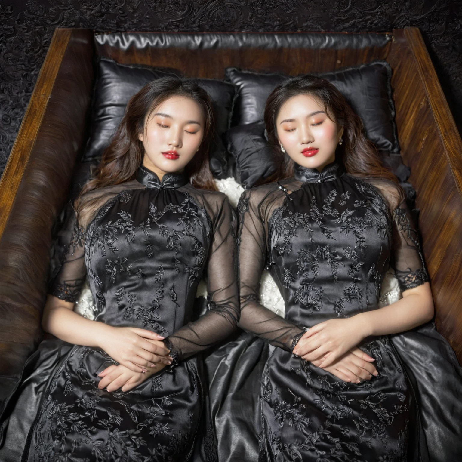 In a striking 8K HDR scene, a stunning Korean woman, 22 years old, lies peacefully in a black coffin surrounded by plush pillows. The deep box is set against a rich black background, accentuating the beauty of the subject. Her exquisite cheongsam attire is embroidered with superb detail, showcasing her beautiful eyebrows. Her closed eyes and mouth give an air of serenity, while her visible and absolute cleavage leave nothing to imagination. The scene is bathed in saturated colors, highlighting every intricate aspect from the ball skirt to her clean face, straight body, detailed hand perfect hands, straight body, own hands together, own hand on stomach, detailed hands, perfect hands.