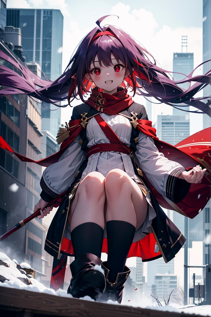 yuukikonno, Yuki Konno, hair band, Long Hair, Pointed Ears, Purple Hair,Ahoge, (Red eyes:1.5), (Small breasts:1.2),blush, smile,Open your mouth,white breath,Red Scarf,Purple long coat,Long skirt,Black Pantyhose,short boots,Snow is piling up,it's snowing,whole bodyがイラスト入るように,Walking,evening,sunset,
break outdoors, construction area,
break looking at viewer, whole body,
break (masterpiece:1.2), Highest quality, High resolution, unity 8k wallpaper, (shape:0.8), (Beautiful attention to detail:1.6), Highly detailed face, Perfect lighting, Extremely detailed CG, (Perfect hands, Perfect Anatomy),