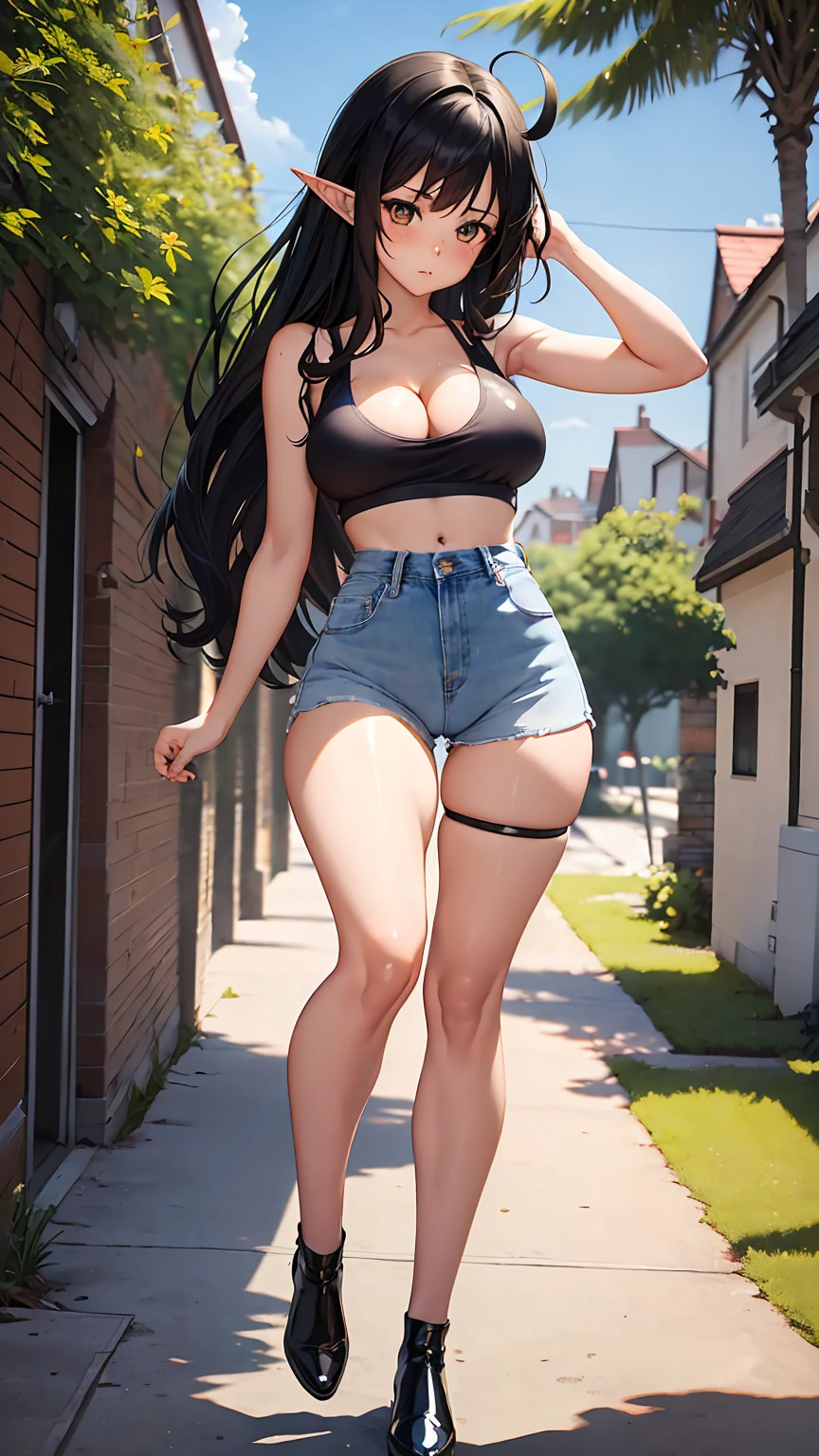 1girl, anime girl, anime, elf girl, 2d girl, y, (fullbody), standing, anime girl, black eyes, closed mouth, (ahoge, long hair, black hair), ((black latex tank top, cleavage, areolae, areola, areola exposed)), Solo, Slim, medium breasts, medium ,medium Breasts, sfw, Tight Shorts, low waist shorts, upshorts, medieval city background, stars in the sky, looking at viewer, darker shadows, (((explicit))), (((shorts))), (((absurdres))), (((thigh gap))), cameltoe, (((cameltoe))), (((cleft of venus))), (((lowleg shorts))),