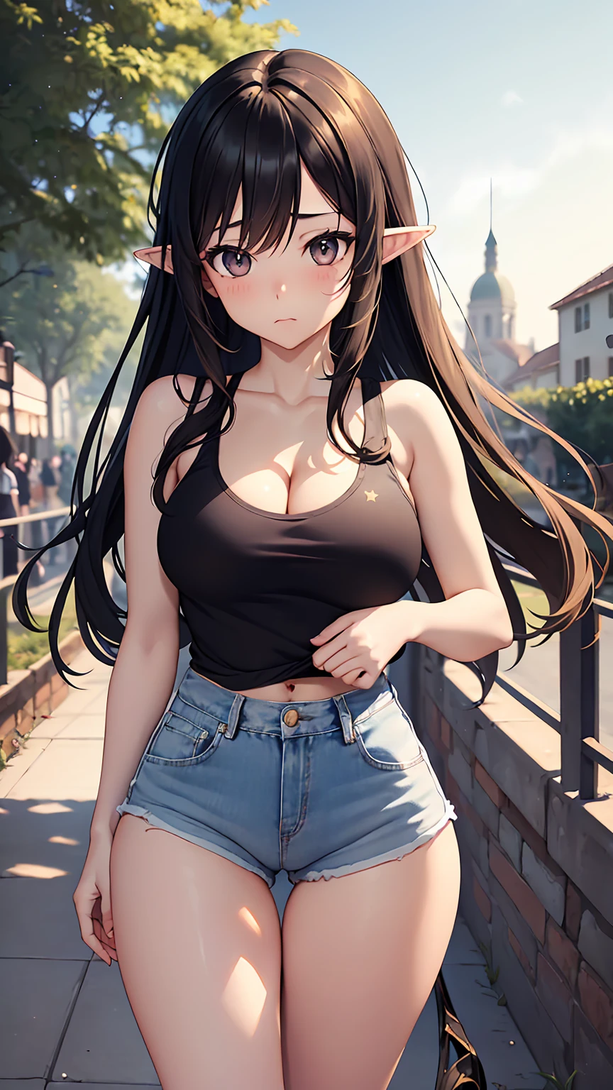 1girl, anime girl, anime, elf girl, 2d girl, y, (fullbody), standing, anime girl, black eyes, closed mouth, (ahoge, long hair, black hair), ((black latex tank top, cleavage, areolae, areola, areola exposed)), Solo, Slim, medium breasts, medium ,medium Breasts, sfw, Tight Shorts, low waist shorts, upshorts, medieval city background, stars in the sky, looking at viewer, darker shadows, (((explicit))), (((shorts))), (((absurdres))), (((thigh gap))), cameltoe, (((cameltoe))), (((cleft of venus))), (((lowleg shorts))),