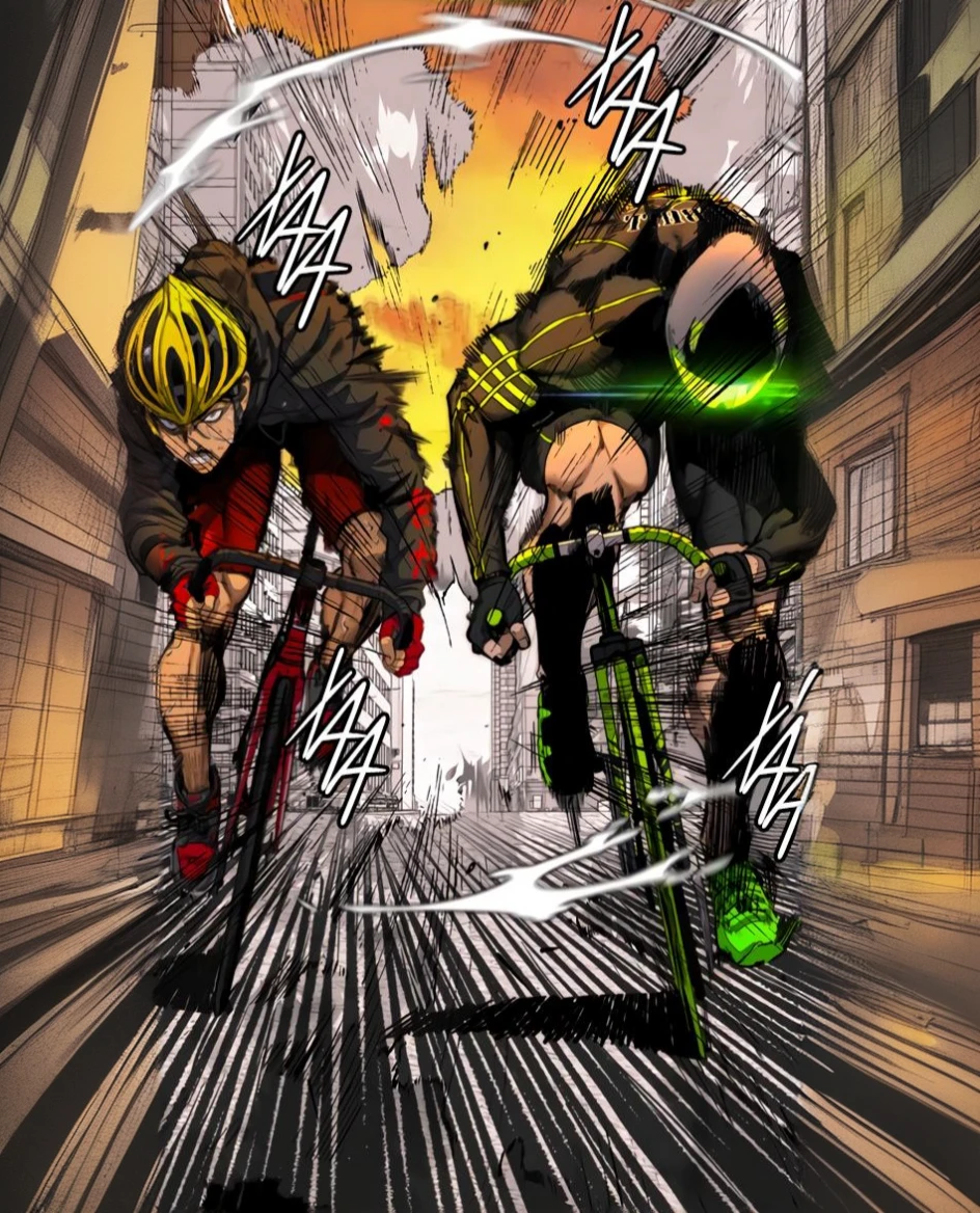 A cartoon about two people, riding bicycles around the city, manga color panel, epic Comics style, manga color panel, color scan of manga, in the style of comics, God Brando, color comic, Comic Book Style, comics in Artsakh style, in rye. Comics style, color sketch anime manga panel, a Comic Book Panel, Comics style!!, Comic Book Panel