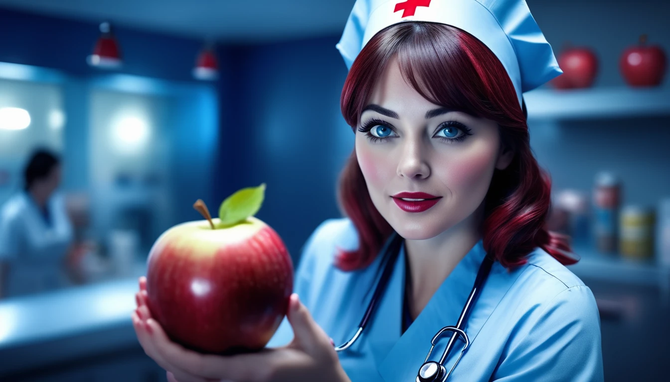 movie movie nurse, Face blue red theme, Delicious fresh apples . Shallow depth of field, Vignette, Very detailed, high-budget Hollywood movies, Bokeh, Widescreen, Moody, epic, Gorgeous, Film Grain, Granular