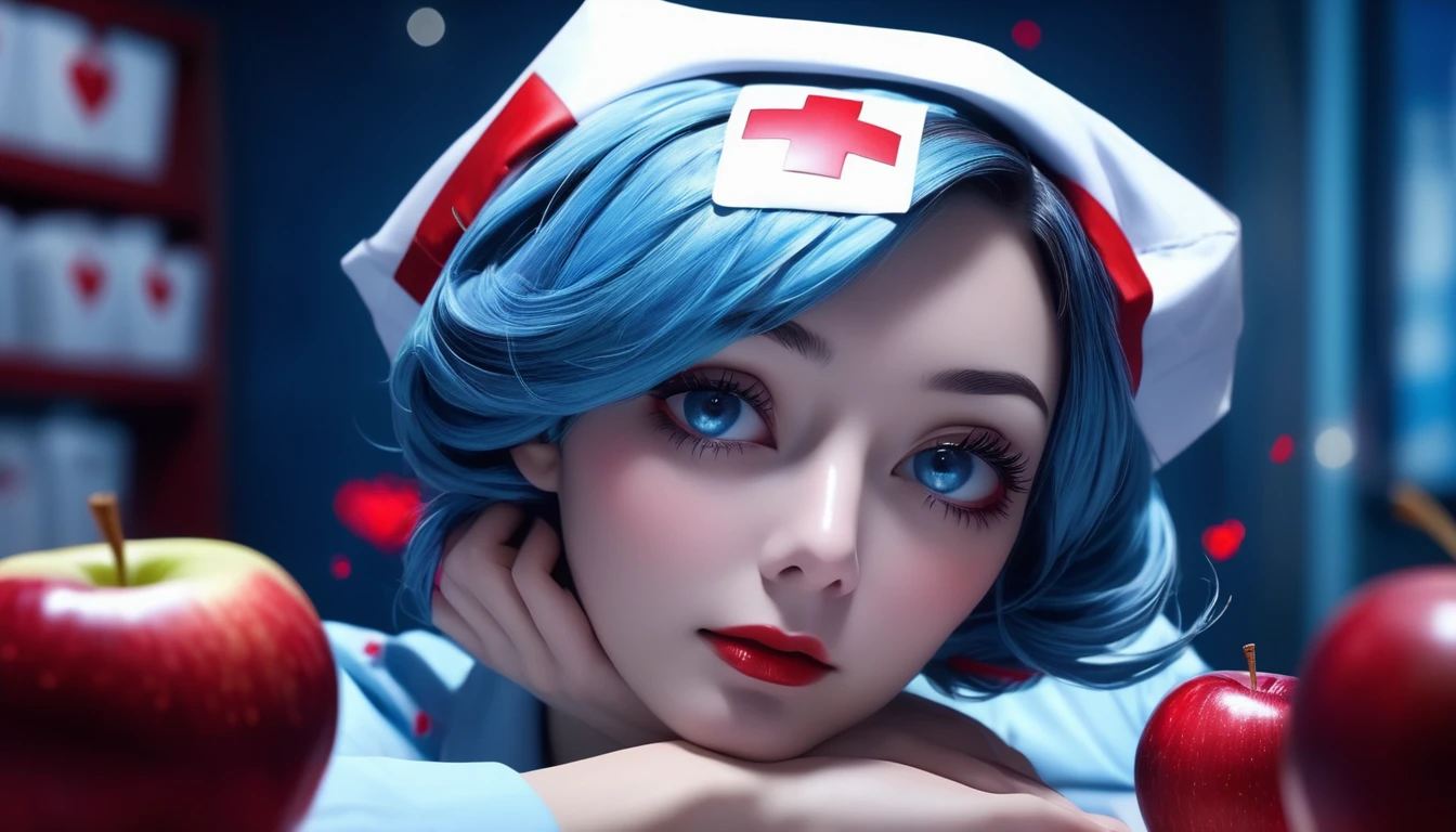 blue hair, medium hair, ponytail, nurse cap, blue eyes, eyeshadow, beautiful russian woman, medium breast, white suit jacket, (vneckline), (no bra), surgical mask, sexually suggestive, (medical eyepatch), one-eyed, (sexy), red cross, (WLOP), trending on ArtStation, trending on CGSociety, Intricate, High Detail, Sharp focus, dramatic, photorealistic, 2k, 4k, 8k, 16k, HDR 4k