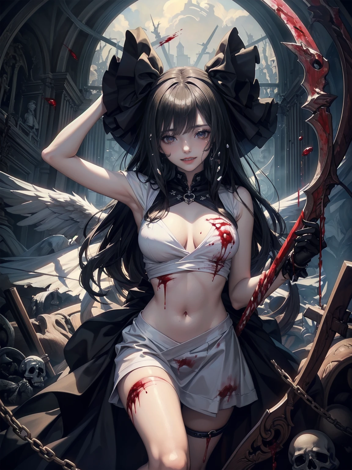 (Highest quality,4K,High resolution,masterpiece:1.2),Very detailed,Realistic:1.37,Spooky altar background,Dark fantasy,Red color scheme,Ominous atmosphere,Eye-catching,Storytelling,anatomy,Anime Style,Concept Art,beautiful細部までこだわった顔と (((Red eyes ))),Terrifying Ritual ,Satanic Ritual,Untimely Death,Unjust act,Crazy Smile,Scythe Face,Girl Monster, beautiful, Delicate facial features, Sharp Eye, Sharp Fangs, Pale skin, Thick chain, Dark Background, Cinema Lighting, Dramatic Shadows, Gothic style, Gloomy atmosphere, Dark fantasy, One Girl, , Please open your mouth wide, Open your mouth and baring your teeth,Sharp teeth like a beast, Wide lips, very wide mouth, Vermilion cheeks, ,(Blood splatter:1.4),Scary smile, laugh at,Fallen angel design, Twisted smile、Bloodstained、bleeding from the head,,、Blood splatter、,(Blood splatter:1.4),Crossbones, skull,Horror Style, ((Fantasy Fallen Angel Costume)), ((Flowing black hair)), ,(Blood splatter:1.4),Female curves, Sexy flat stomach, Perfect hands, Perfect anime face, ((White Lolita Dress)), Are standing, ((Wicked Smile)), ,(Blood splatter:1.4), Steam circulates, Moonlight Illumination, night lighting, disaster々new devil horns,,(Blood splatter:1.6),アニメFallen angel design, Twisted smile、Bloodstained、bleeding from the head,,、Blood splatter、,(Blood splatter:1.4),Crossbones, skull,Gothic architecture、Western architecture、Fantasy World、,Victorian cities, Skeleton Gaslight,