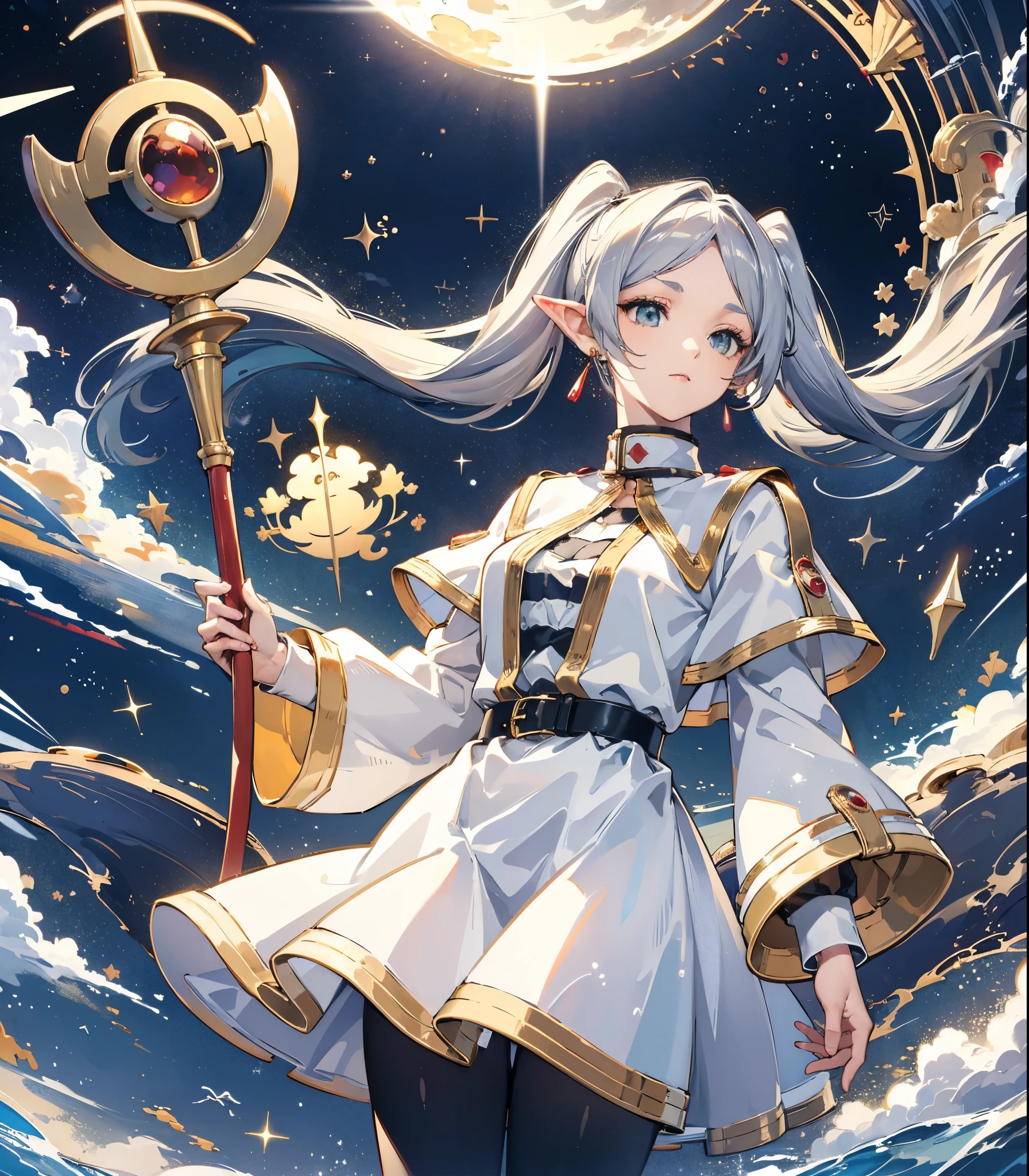 ((Highest quality)), ((masterpiece)), (detailed), Long Hair, Gray Hair, Twin tails, Pointed Ears, Earrings, Thick eyebrows, White capelet, Striped shirt, Long sleeve, belt, White Skirt, Black Pantyhose High resolution Holding a walking stick magic circle Beam from a wand Streaks of Light Shining Edges Shining Background,freeze