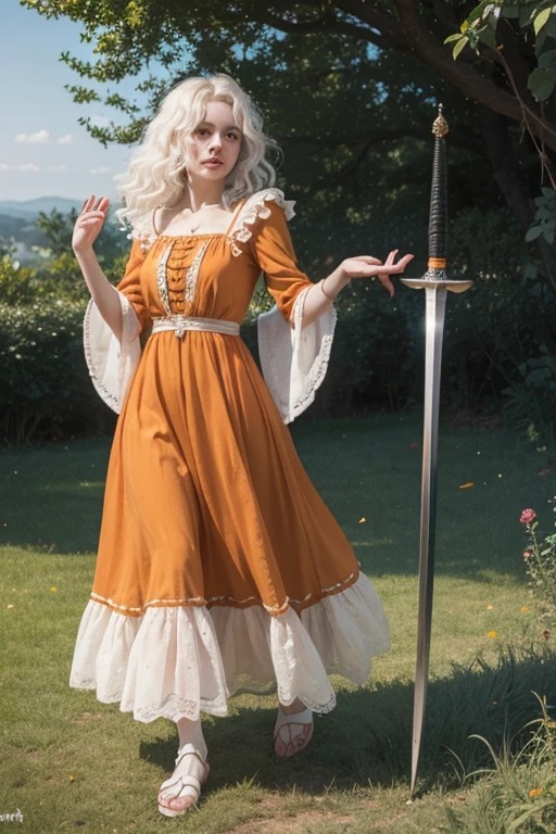 a young girl of 18 years, with , He has short, curly white hair.. she is very pretty, with Slavic skin and freckles, and she is wearing a long orange dress from the Victorian era. It is located on a hill, with raised hand, holding a medieval sword.