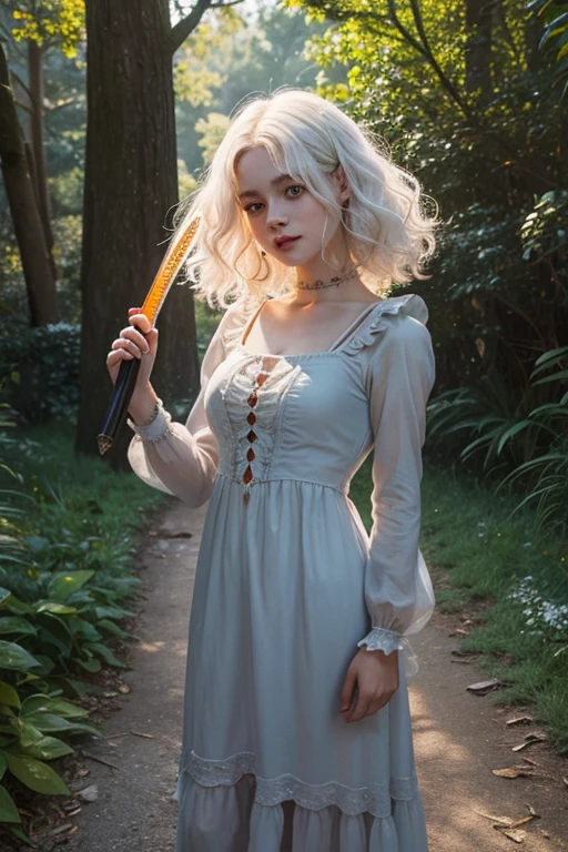 a young girl of 18 years, with , He has short, curly white hair.. she is very pretty, with Slavic skin and freckles, and she is wearing a long orange dress from the Victorian era. It is located on a hill, with raised hand, holding a medieval sword.