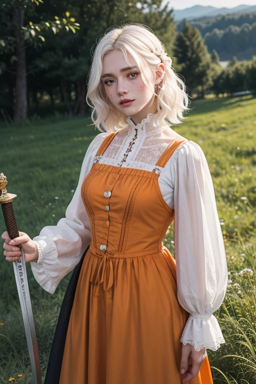 a young girl of 18 years, with , He has short, curly white hair.. she is very pretty, with Slavic skin and freckles, and she is wearing a long orange dress from the Victorian era. It is located on a hill, with raised hand, holding a medieval sword.