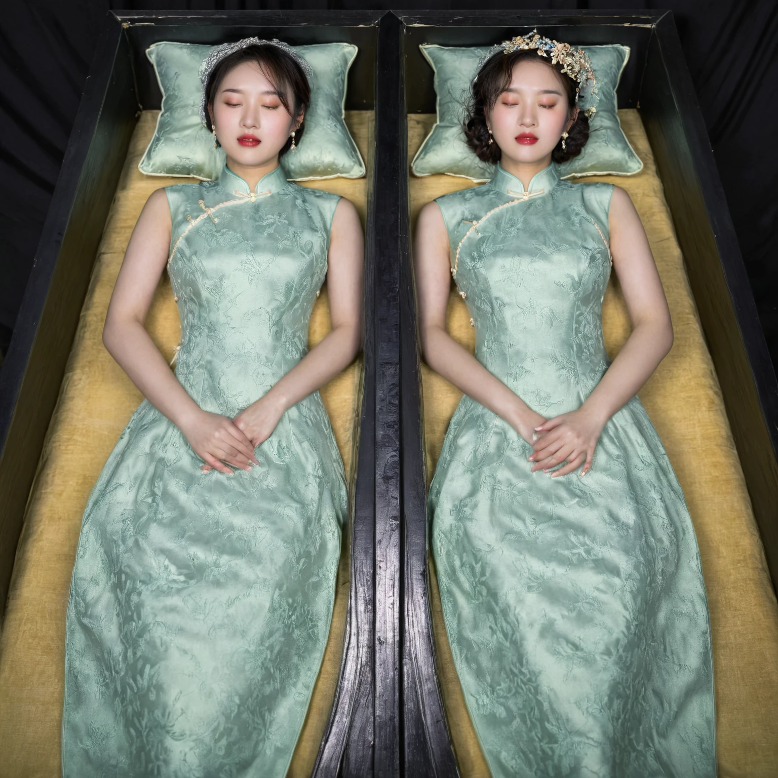 In a striking 8K HDR scene, a stunning Korean woman, 22 years old, lies peacefully in a black coffin surrounded by plush pillows. The deep box is set against a rich black background, accentuating the beauty of the subject. Her exquisite cheongsam attire is embroidered with superb detail, showcasing beautiful eyebrows. Her closed eyes and mouth give an air of serenity. The scene is bathed in saturated colors, highlighting every intricate aspect from the ball skirt to her clean face, straight body, detailed hand perfect hands, straight body, own hands together, own hand on stomach, detailed hands, perfect hands.