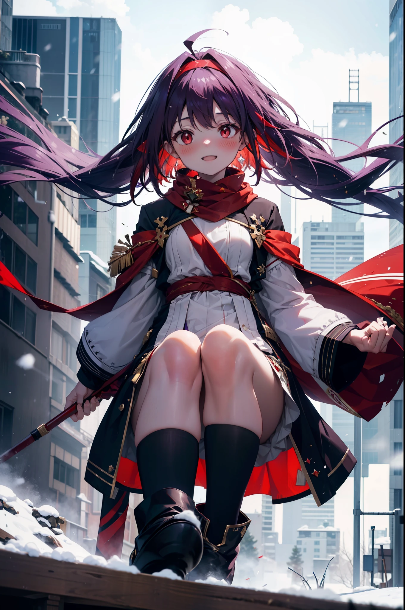 yuukikonno, Yuki Konno, hair band, Long Hair, Pointed Ears, Purple Hair,Ahoge, (Red eyes:1.5), (Small breasts:1.2),blush, smile,Open your mouth,white breath,Red Scarf,Purple long coat,Long skirt,Black Pantyhose,short boots,Snow is piling up,it's snowing,whole bodyがイラスト入るように,Walking,evening,sunset,
break outdoors, construction area,
break looking at viewer, whole body,
break (masterpiece:1.2), Highest quality, High resolution, unity 8k wallpaper, (shape:0.8), (Beautiful attention to detail:1.6), Highly detailed face, Perfect lighting, Extremely detailed CG, (Perfect hands, Perfect Anatomy),