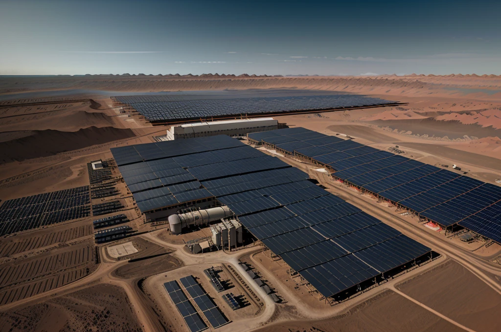 realistic photography of a factory on Mars, solar energy industry, highly detailed industry architecture, solar panels farm, nice reflections, futuristic architecture, intrincate architecture details, energy usine, metal details, ultra-realistic, bright, bird's-eye view, ultra-wide angle, high reality, light and dark, cinematic, color grade, cinematographic shot