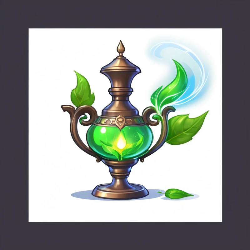 Cartoon image of a lamp，There is a green leaf on the top of the lamp, Concept Art Magic Highlights, Fantasy concept art, potion of healing, alchemy concept, A bottle of health potion, Magic Glass Container Graphics, Magic Items, holy fire spell art, Glowing Concept Art, Fantasy game spell symbols, Magic Items, powder, Magical glowing skin, Official concept art