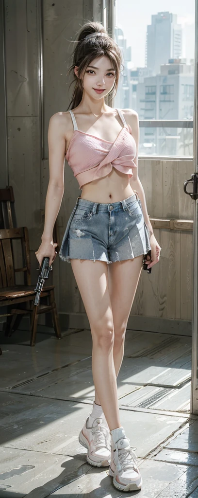 A white long-sleeved,Denim shorts,Off-white sneakers,Close-up of a girl with two pigtails holding a gun in the ruins of a battlefield,Facing the audience,Full body close-up,Smiling emoticon