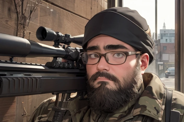 One boy, beard, Glasses, obesity, sniper rifle, Urban area, indoor, Woodland Camouflage, Monitoring, Tension, Bulletproof helmet, Military boots, stage, high place, Covert behavior, scope, long range shooting, Hide in the wall, window