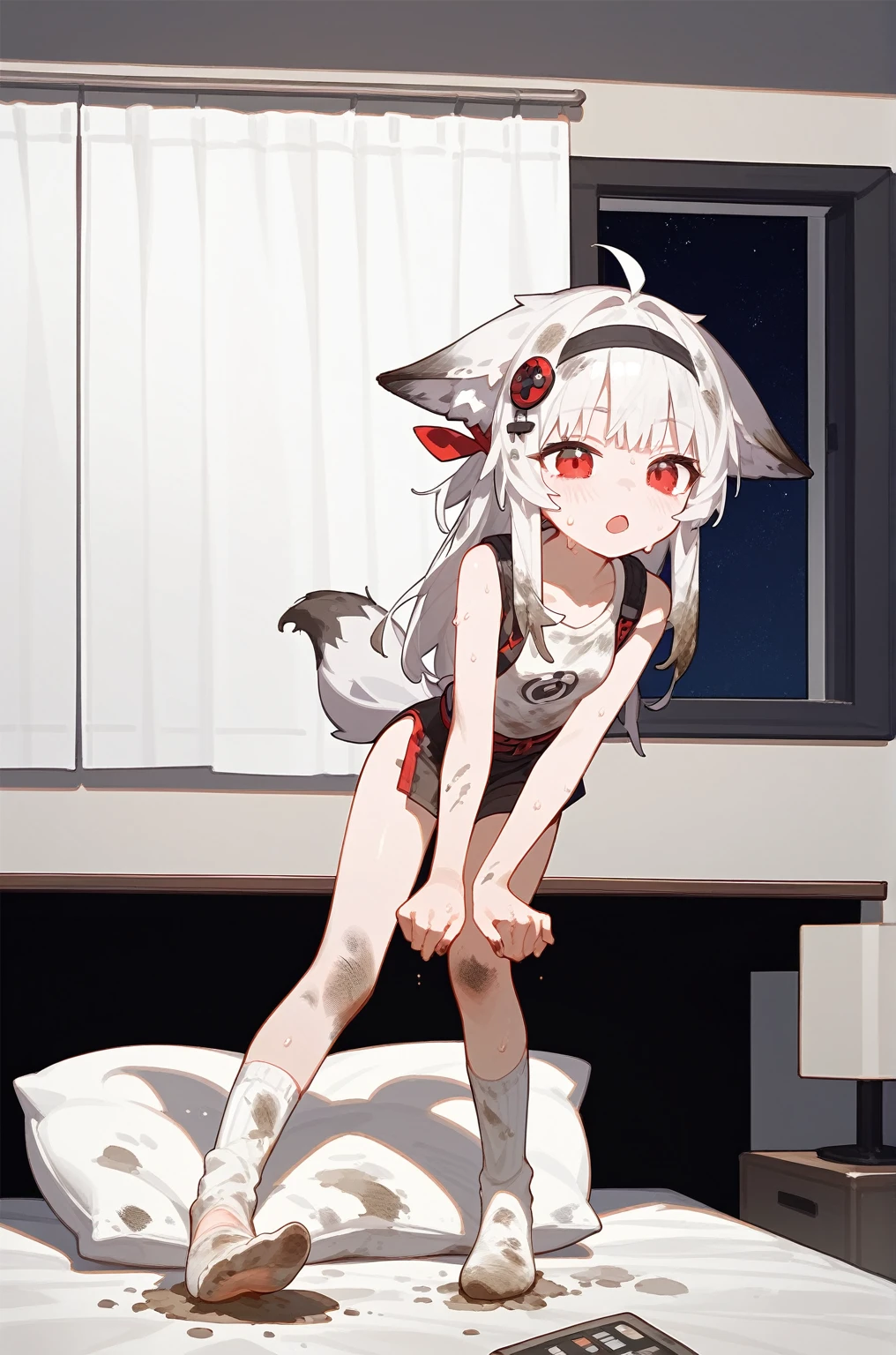 1 girl,dirty,foot,foot底,Red Eyes,breast,solitary,Long hair,White hair,,foot趾,foot部焦点,Looking at the audience,sit,Sweat,open mouth,dirty foot,Keep,indoor,Pillow,Bangs,White knee socks,Fox ears,There'foot的泥土,,Uniforms,Japanese style,dirtyPillow,dirty床,女孩周围堆满Pillow,女孩踩踏着Pillow,大量Pillow,Pillow上肮脏,,(Deluxe Rococo Canopy King Bed),On a big and spacious bed,(),,,,Luxurious curtains with ornate ruffles and ribbons surround the bed,((((There are many pillows piled on the bed)))),Detail of Quilt,Detailed bed sheets,女孩踩在Pillow上,(详细的Pillow),Holding a knife,小刀劈开的Pillow,小刀插入Pillow,损坏的Pillow