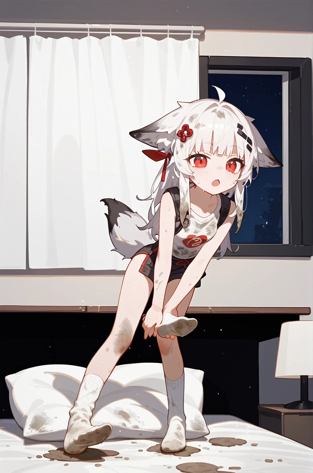 1 girl,dirty,foot,foot底,Red Eyes，breast,solitary,Long hair,White hair,,foot趾,foot部焦点,Looking at the audience,sit,Sweat,open mouth,dirty foot,Keep,indoor,Pillow,Bangs，White knee socks，Fox ears，There&#39;foot的泥土，，Uniforms，Japanese style，dirtyPillow，dirty床，女孩周围堆满Pillow，女孩踩踏着Pillow，大量Pillow，Pillow上肮脏，,(Deluxe Rococo Canopy King Bed),On a big and spacious bed,(),,,,Luxurious curtains with ornate ruffles and ribbons surround the bed,((((There are many pillows piled on the bed)))),Detail of Quilt,Detailed bed sheets,女孩踩在Pillow上，（详细的Pillow），Holding a knife，小刀劈开的Pillow，小刀插入Pillow，损坏的Pillow