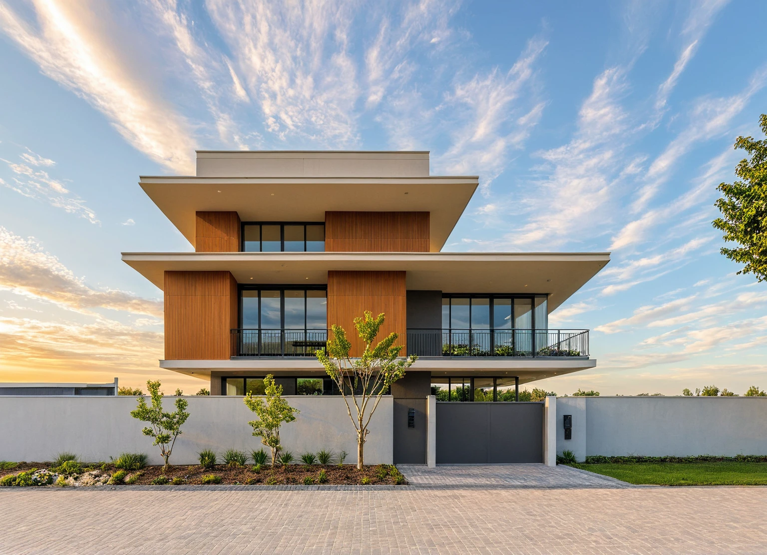 head of&#39;artwork, High quality, best quality, authentique, great detail, En plein air, villa de plain-piedXL, credit group, style de maison moderne dans la rue ,stairs, white wall ,road,pavement, grass, trees, sky, nuvens, (day light:1.1)
