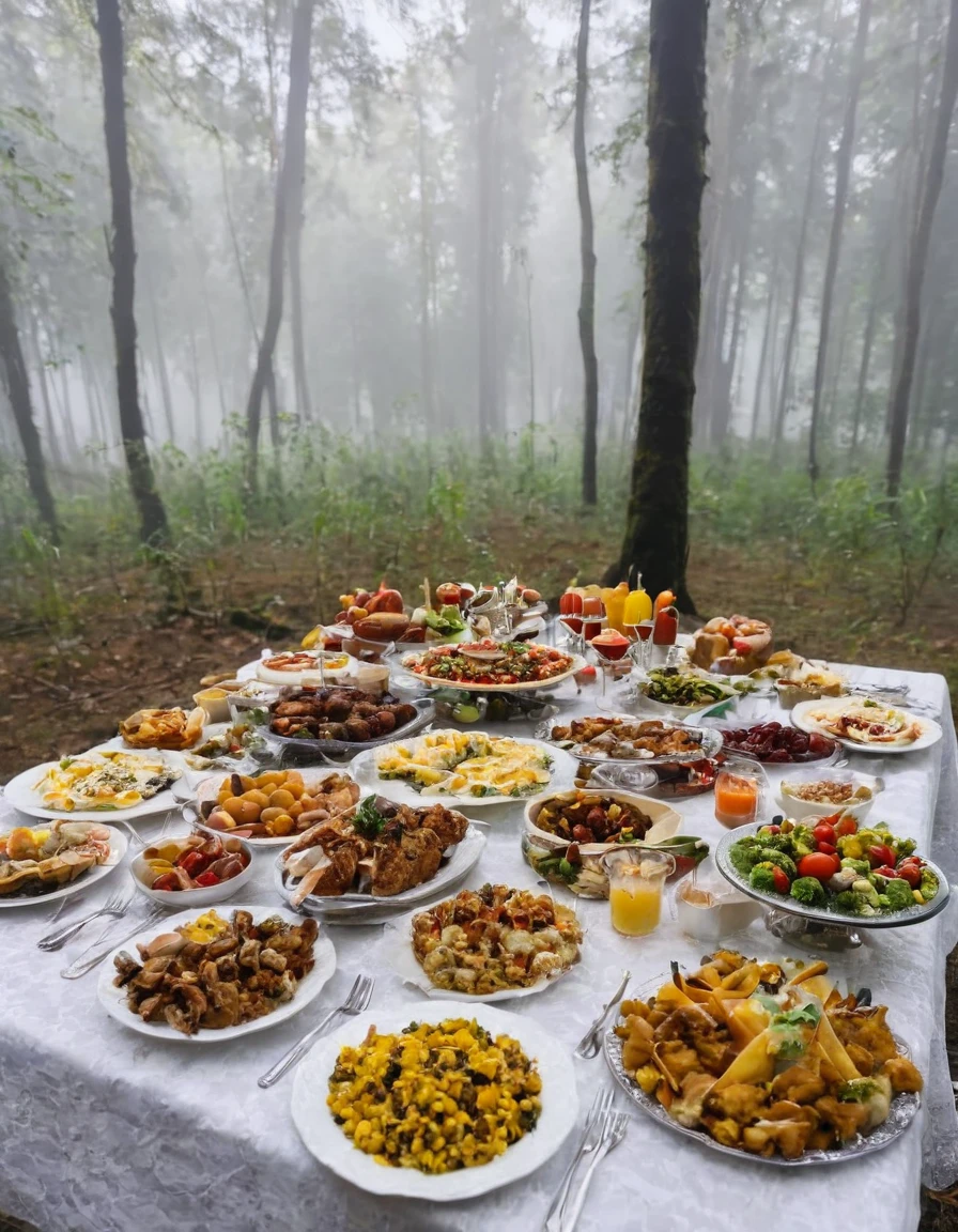 there are many plates of food on a table with a foggy background, ❤🔥🍄🌪, the table is full of food, delicious food, cooking it up, foodporn, overflowing feast buffet table, awesome greate composition, dinner is served, 8k)), forest picnic, by Aleksander Kobzdej, amazing food photography