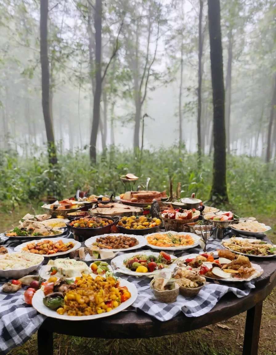 there are many plates of food on a table with a foggy background, ❤🔥🍄🌪, the table is full of food, delicious food, cooking it up, foodporn, overflowing feast buffet table, awesome greate composition, dinner is served, 8k)), forest picnic, by Aleksander Kobzdej, amazing food photography