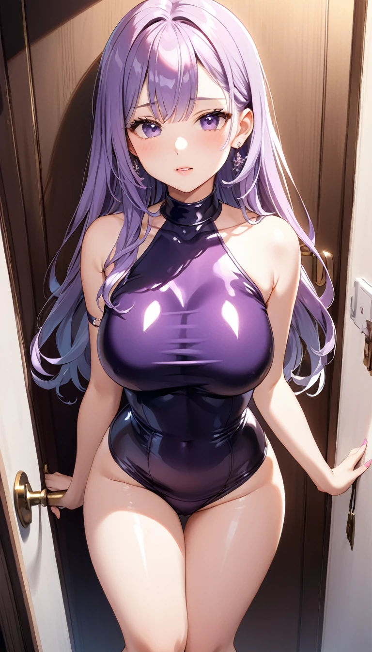 arafed woman with purple hair laying on a bed with a white sheet, cutesexyrobutts, ahegao, lit from behind, dripping, ahegao face, dripping wet, dripping goo, fine details. anime. tentacles, dripping with water, sfw version, 8k high quality detailed art, close up shot, made of liquid purple metal,hot tanktop,big breast 