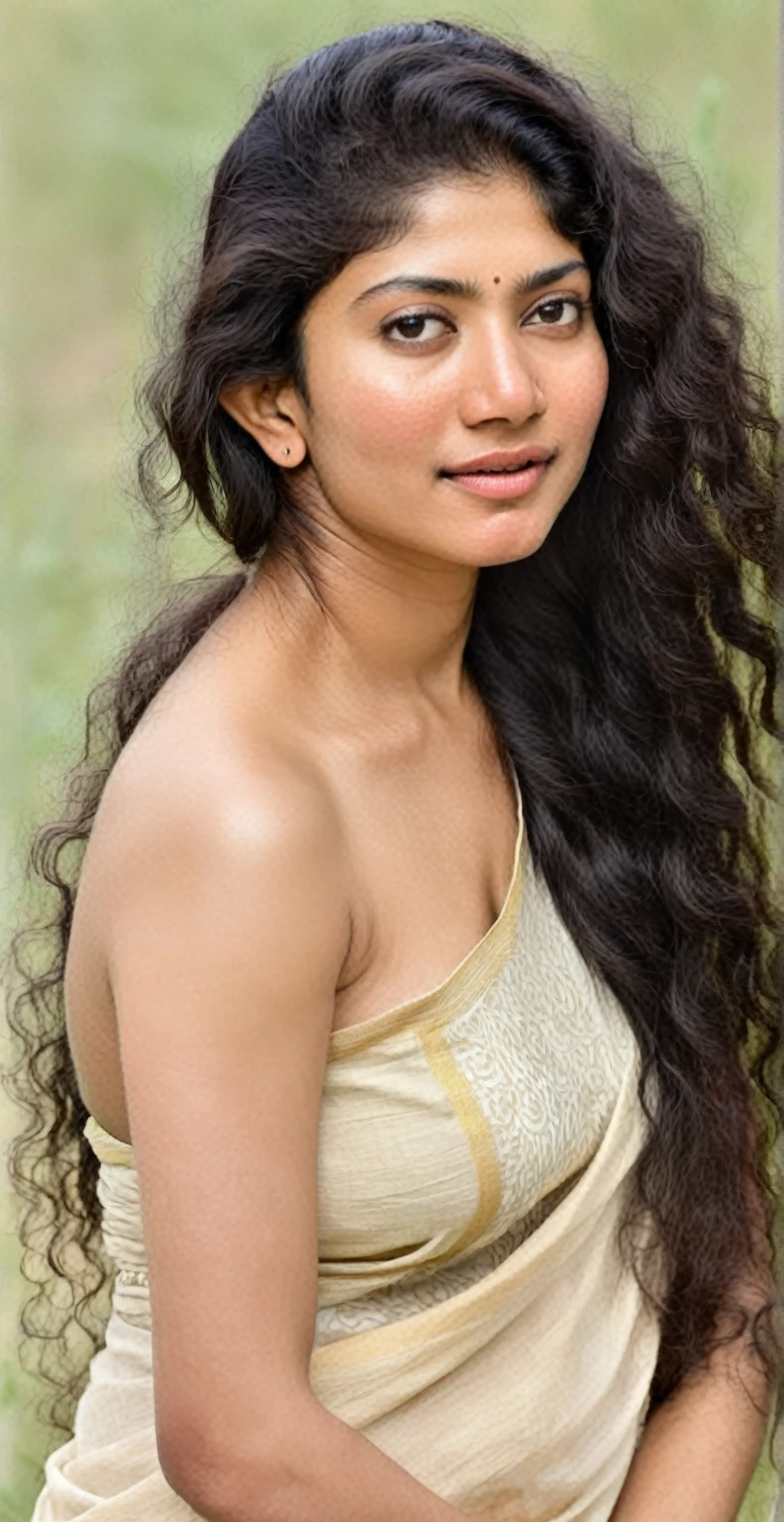 ultrarealistic hires full body nude photo of a 30-year-old sai pallavi woman, outdoors, nipple show