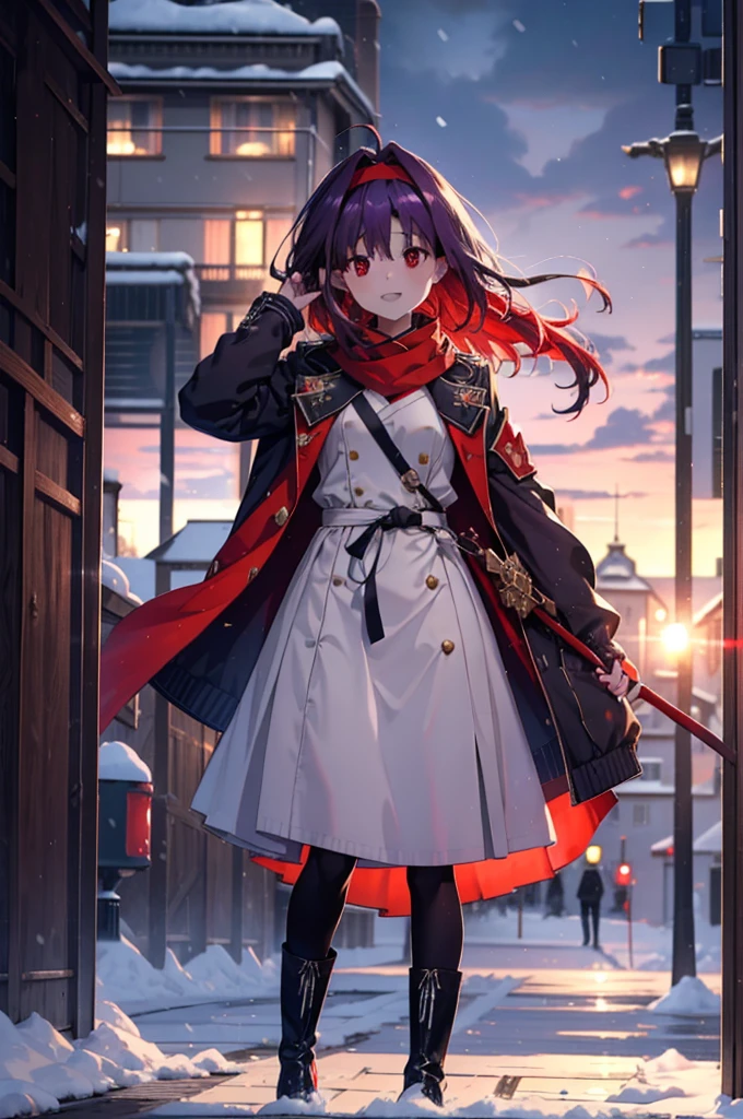yuukikonno, Yuki Konno, hair band, Long Hair, Pointed Ears, Purple Hair,Ahoge, (Red eyes:1.5), (Small breasts:1.2),blush, smile,Open your mouth,white breath,Tokkuri Sweater,Red Scarf,Purple long coat,Long skirt,Black Pantyhose,short boots,Snow is piling up,it's snowing,whole bodyがイラスト入るように,Walking,evening,sunset,
break outdoors, construction area,
break looking at viewer, whole body,
break (masterpiece:1.2), Highest quality, High resolution, unity 8k wallpaper, (shape:0.8), (Beautiful attention to detail:1.6), Highly detailed face, Perfect lighting, Extremely detailed CG, (Perfect hands, Perfect Anatomy),