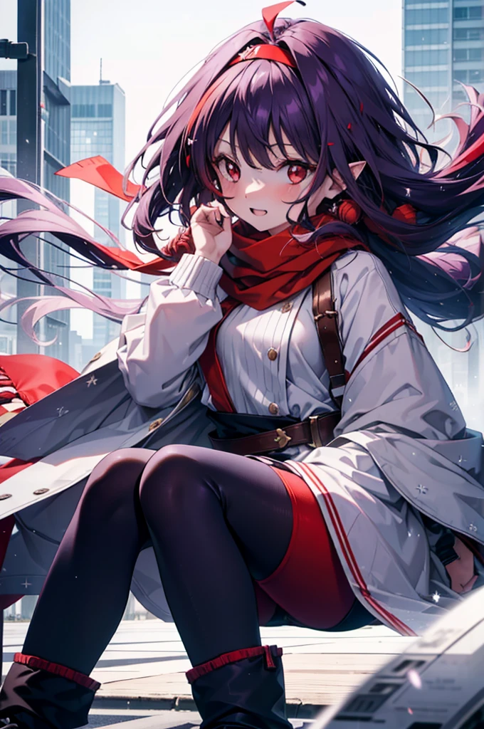 yuukikonno, Yuki Konno, hair band, Long Hair, Pointed Ears, Purple Hair,Ahoge, (Red eyes:1.5), (Small breasts:1.2),blush, smile,Open your mouth,white breath,Tokkuri Sweater,Red Scarf,Purple long coat,Long skirt,Black Pantyhose,short boots,Snow is piling up,it's snowing,whole bodyがイラスト入るように,Walking,evening,sunset,
break outdoors, construction area,
break looking at viewer, whole body,
break (masterpiece:1.2), Highest quality, High resolution, unity 8k wallpaper, (shape:0.8), (Beautiful attention to detail:1.6), Highly detailed face, Perfect lighting, Extremely detailed CG, (Perfect hands, Perfect Anatomy),