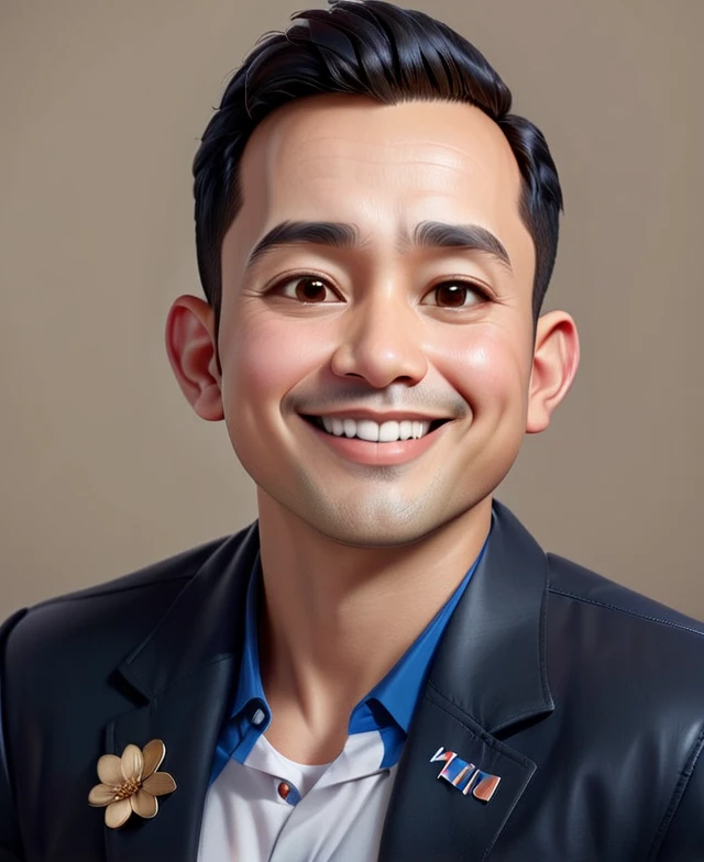 Create a 3D animation of a big-headed cartoon caricature. a 30 year old Indonesian man with short, slightly wavy black hair brushed back, round head facing forward, oval face with a strong jawline, thick straight eyebrows, almond-shaped brown eyes, a straight nose with a slightly rounded tip, symmetrical lips, and a slight friendly smile, wearing a solid blue shirt. Gradient blue background with professional lighting. masterpiece, top quality, highly detailed skin and face, ultra-realistic, high definition, studio lighting, sharp focus, full body view, Concept Art, 3D rendering.