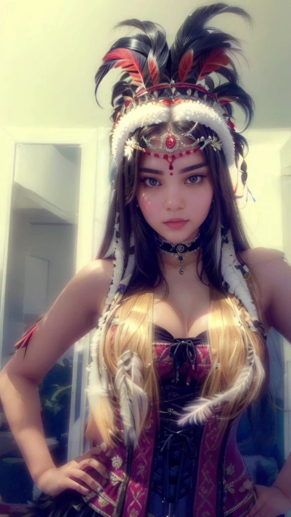 araffe wearing a feather headdress and a corset, high quality, wearing a native american choker, indian, aztec queen, skydoll noa, indian goddess, black hair, native american, looks like fabiula nascimento, perfect face!!, profile shot, best quality, photo realistic