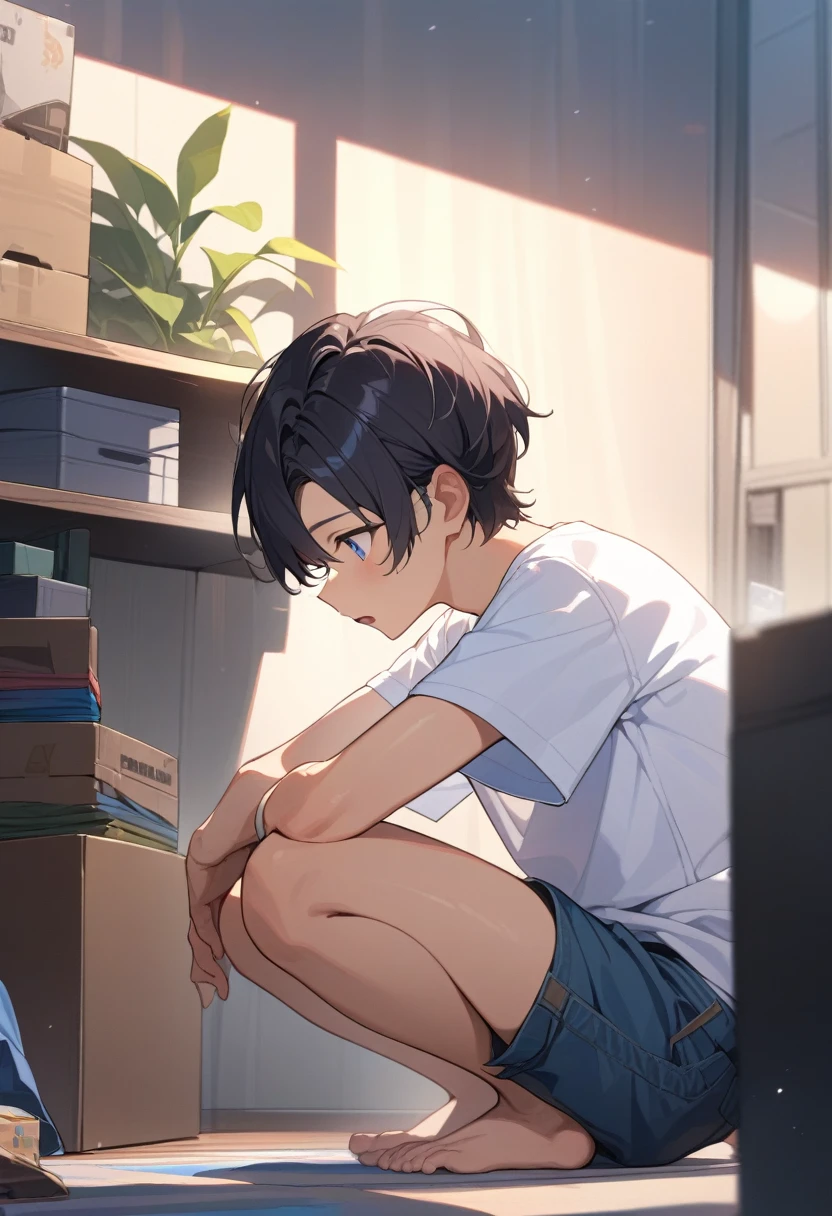 masterpiece, best quality, extremely detailed, ultra detailed, flat anime, 2D,
((1boy)),black hair, (short hair:1.5),blue eyes, height 1.7meters, (circle eyes:1.2), (young adult:1.2), Ear-length sideburns,
long Sleeves, White T-shirt, barefoot, ((short sleeves)), ((long pants)),
squatting, looking away, expressionless,open mouth, full body,from side,
summer, 12AM, livingroom,organizing the boxes., I'm looking at the material in my hand.